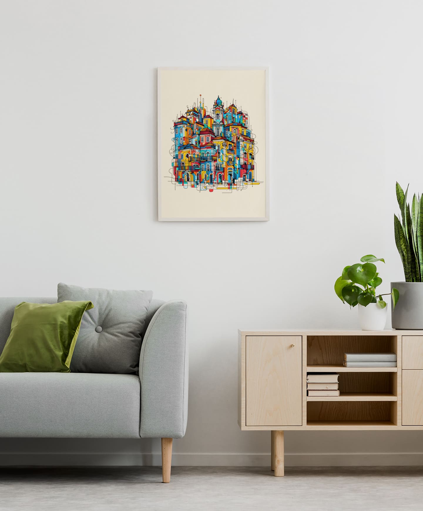 Porto Traditional Houses Poster in a white frame, adding a touch of colorful charm to a minimalist living room with neutral tones.