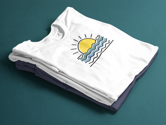 Front view of the Sunset Over the Atlantic T-Shirt, featuring a bold sunset logo.