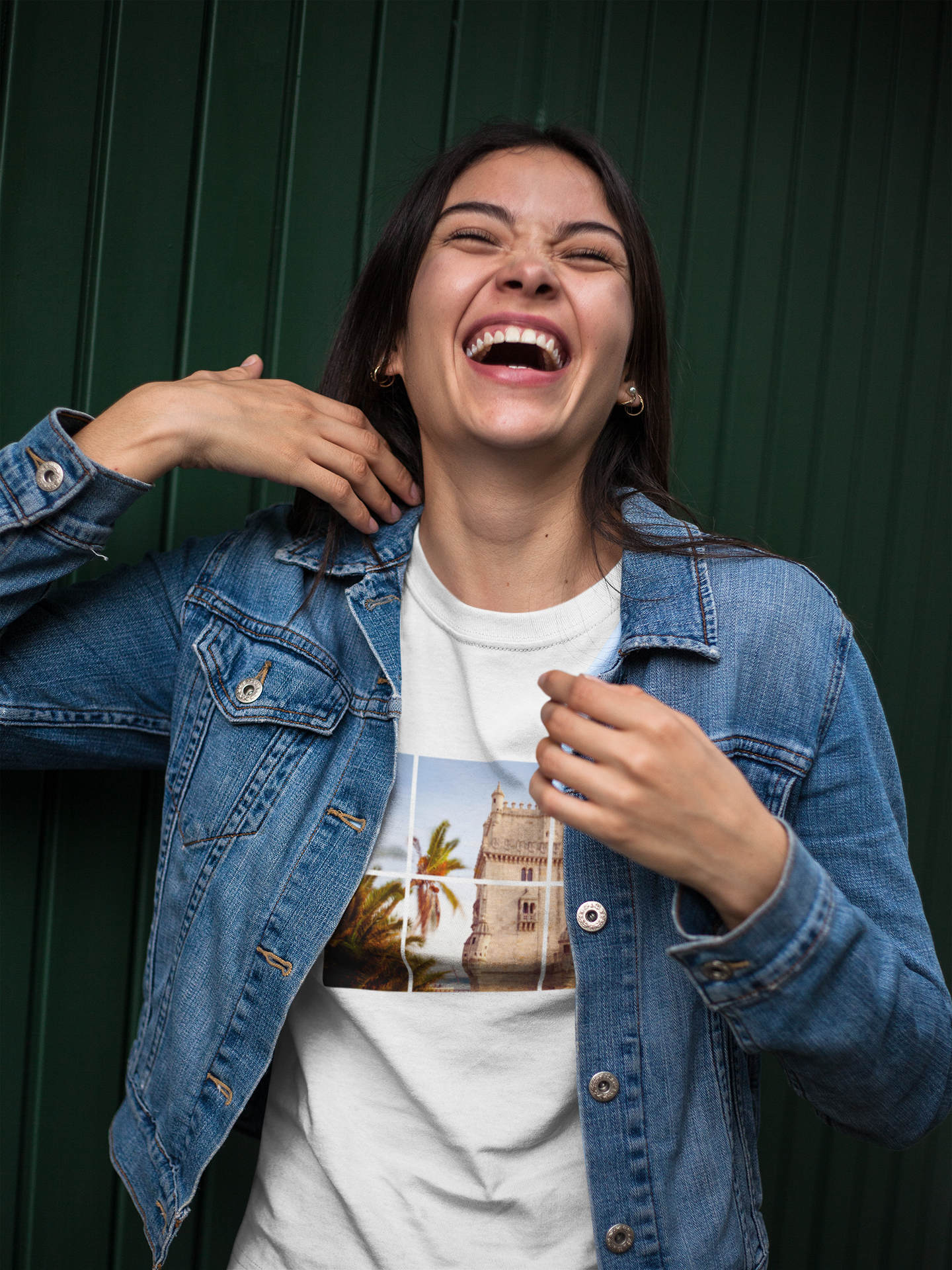 Side view of the Large Print Torre de Belém Design on Organic T-Shirt, highlighting its relaxed fit.