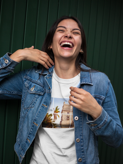 Side view of the Large Print Torre de Belém Design on Organic T-Shirt, highlighting its relaxed fit.