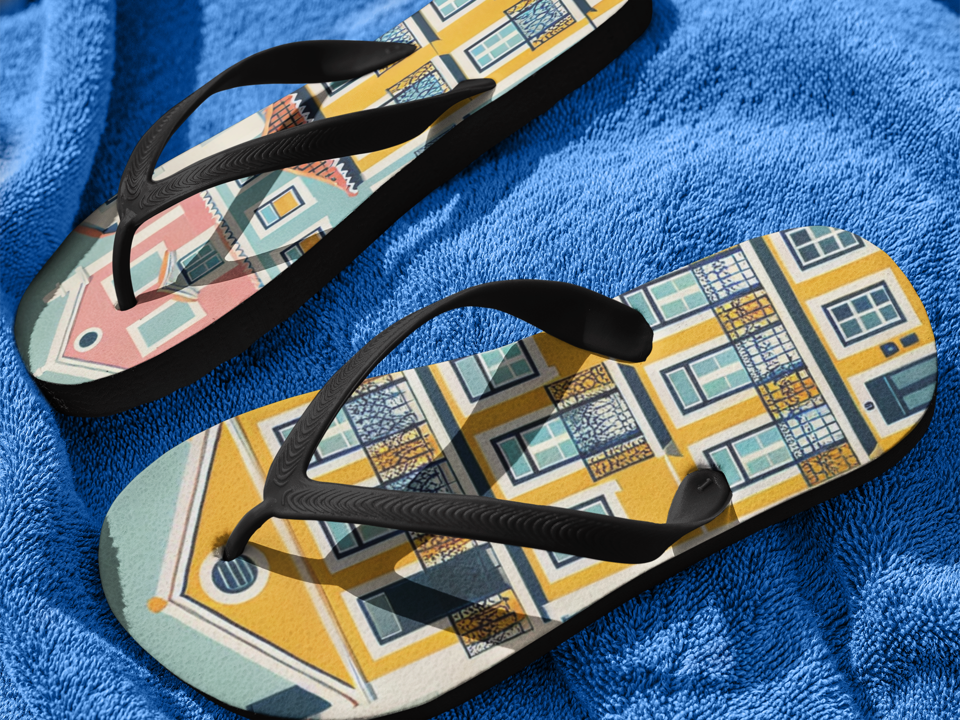 Close-up of Alfama Collection flip flops with Lisbon-inspired design on a blue towel, highlighting their colorful and durable construction.