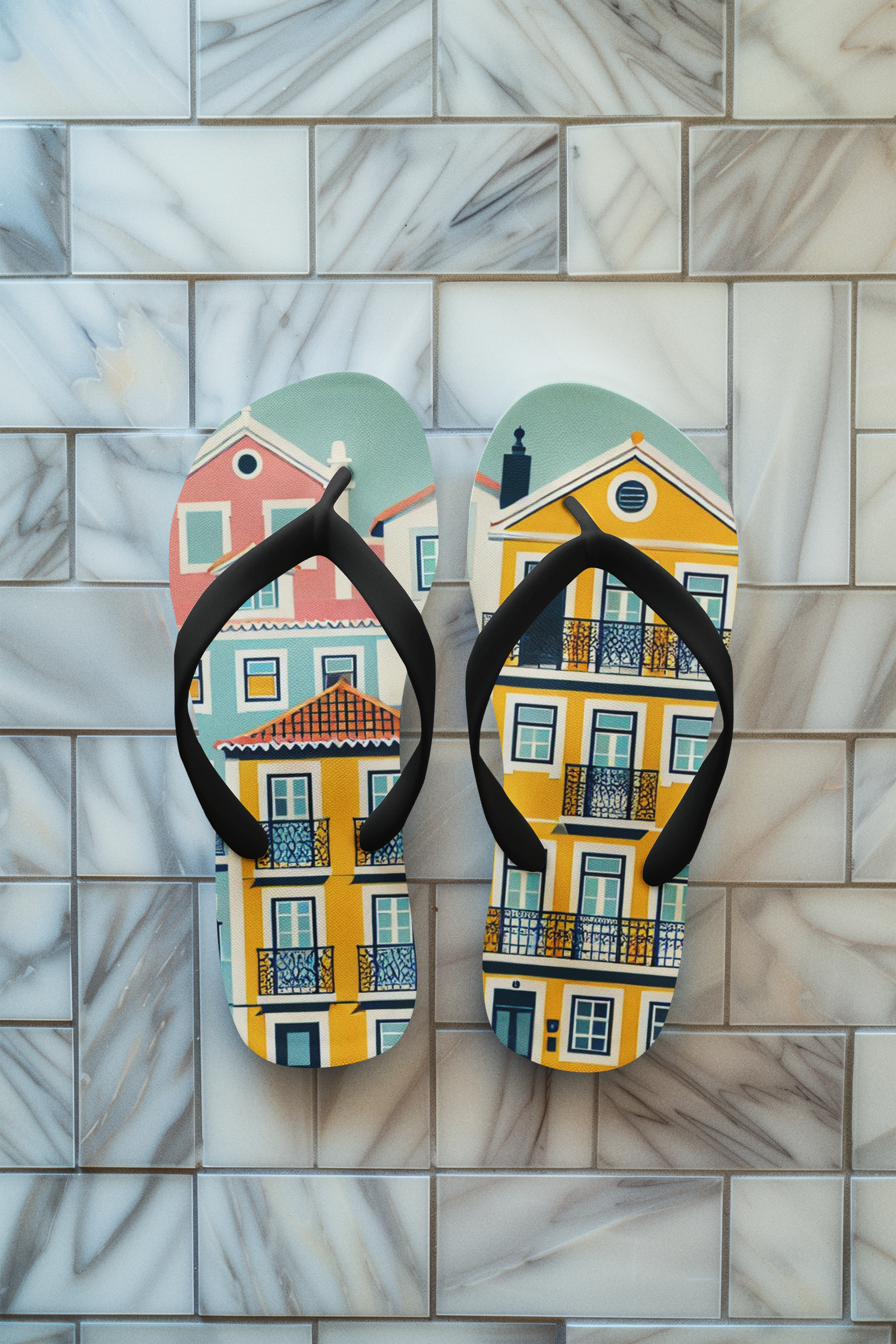 Lisbon-themed flip flops from the Alfama Collection hanging against a tiled wall, featuring a vibrant and stylish Portuguese architectural print.
