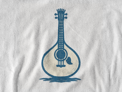 Folded eco-friendly t-shirt with guitar line art.