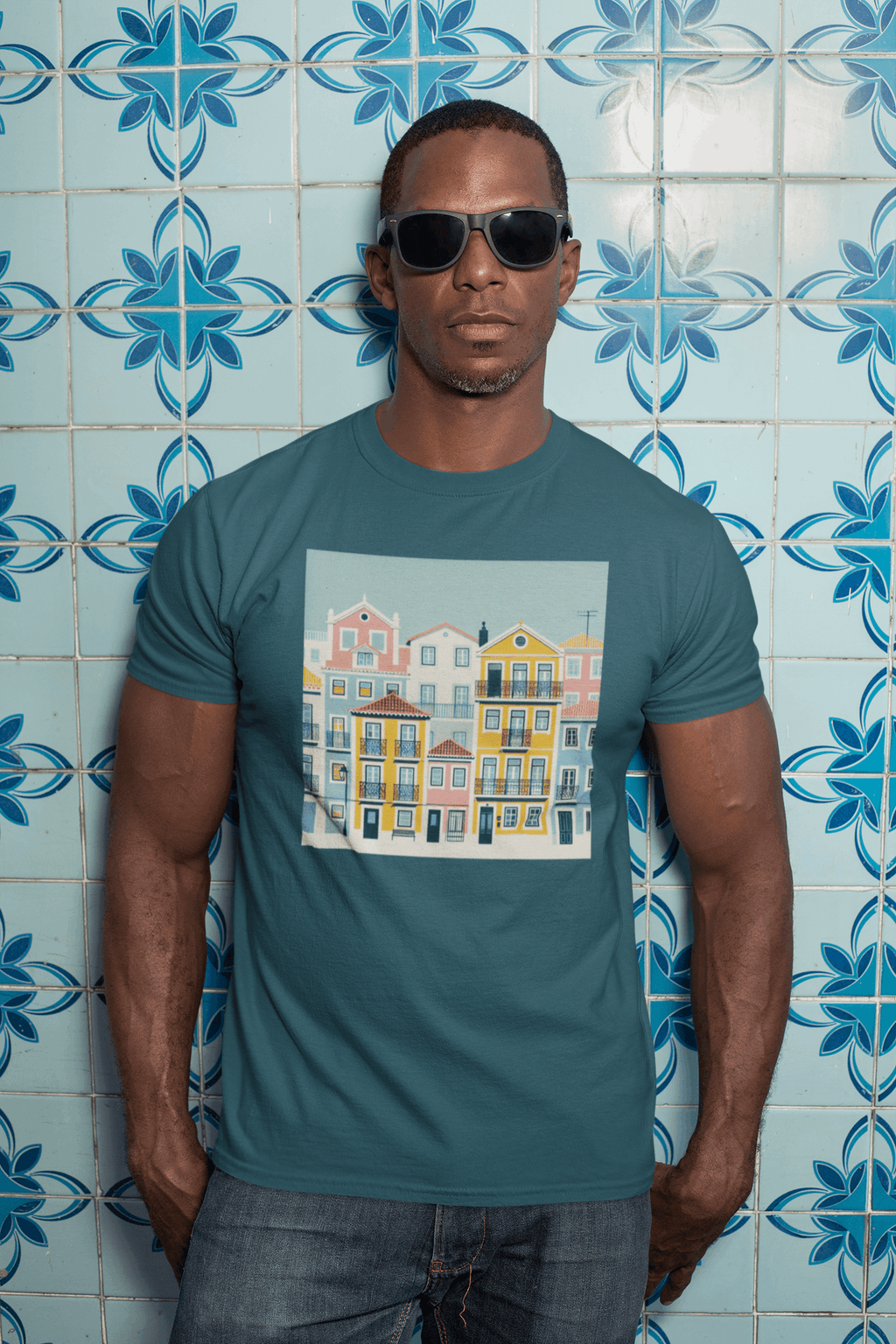 Man in a blue unisex T-shirt with Lisbon Alfama houses design, posing against a tiled wall. Organic cotton and sustainable fashion choice.