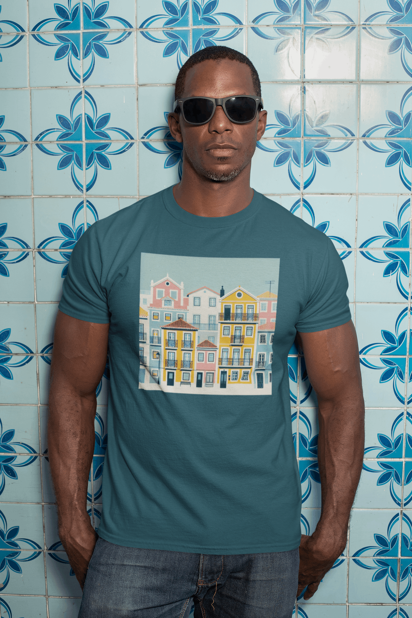 Man in a blue unisex T-shirt with Lisbon Alfama houses design, posing against a tiled wall. Organic cotton and sustainable fashion choice.