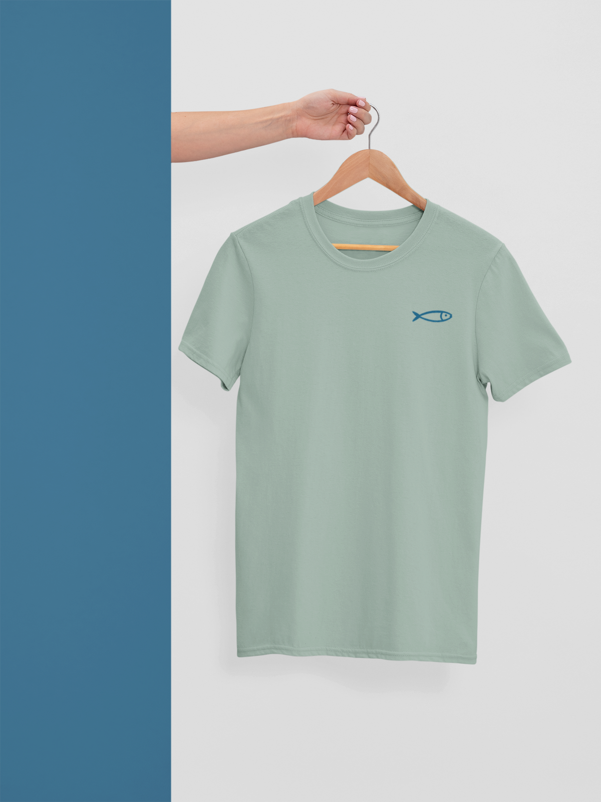 Organic light green cotton crew neck t-shirt with minimalist blue sardine graphic, Portugal-inspired design.