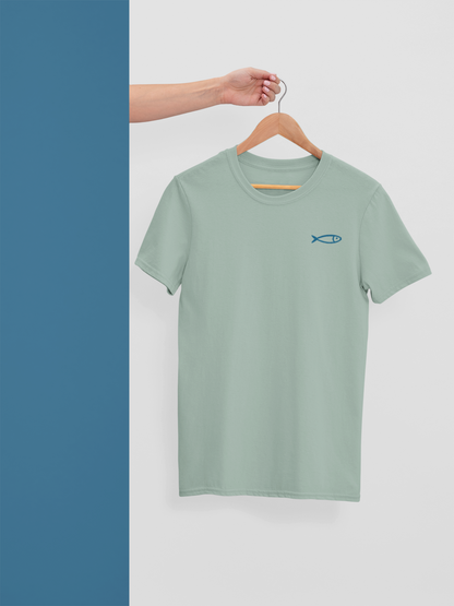 Organic light green cotton crew neck t-shirt with minimalist blue sardine graphic, Portugal-inspired design.