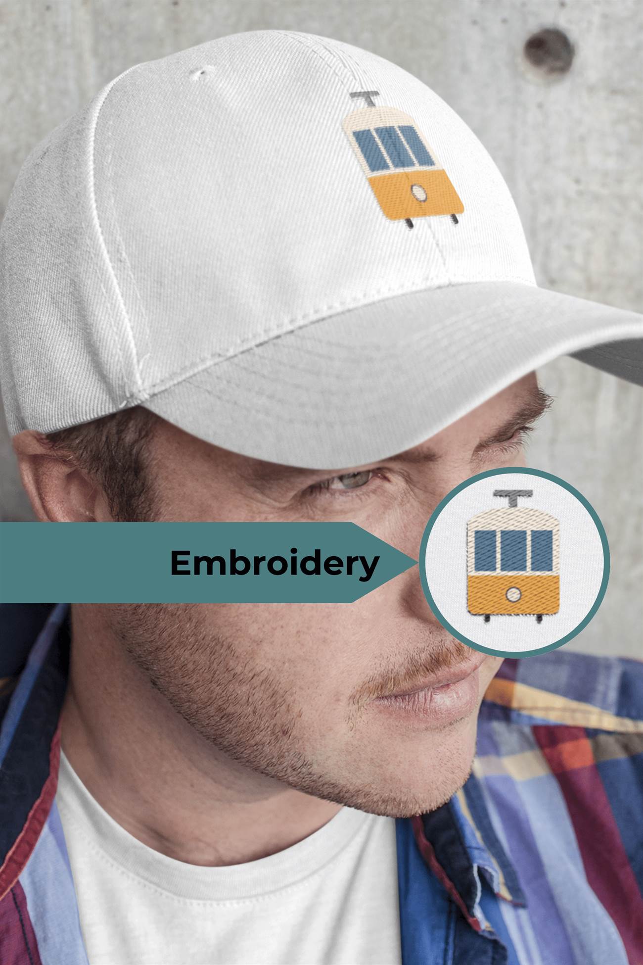 Close-up of white Lisbon Tram Cap with detailed embroidery view. A stylish unisex cap celebrating Lisbon's iconic tram heritage.