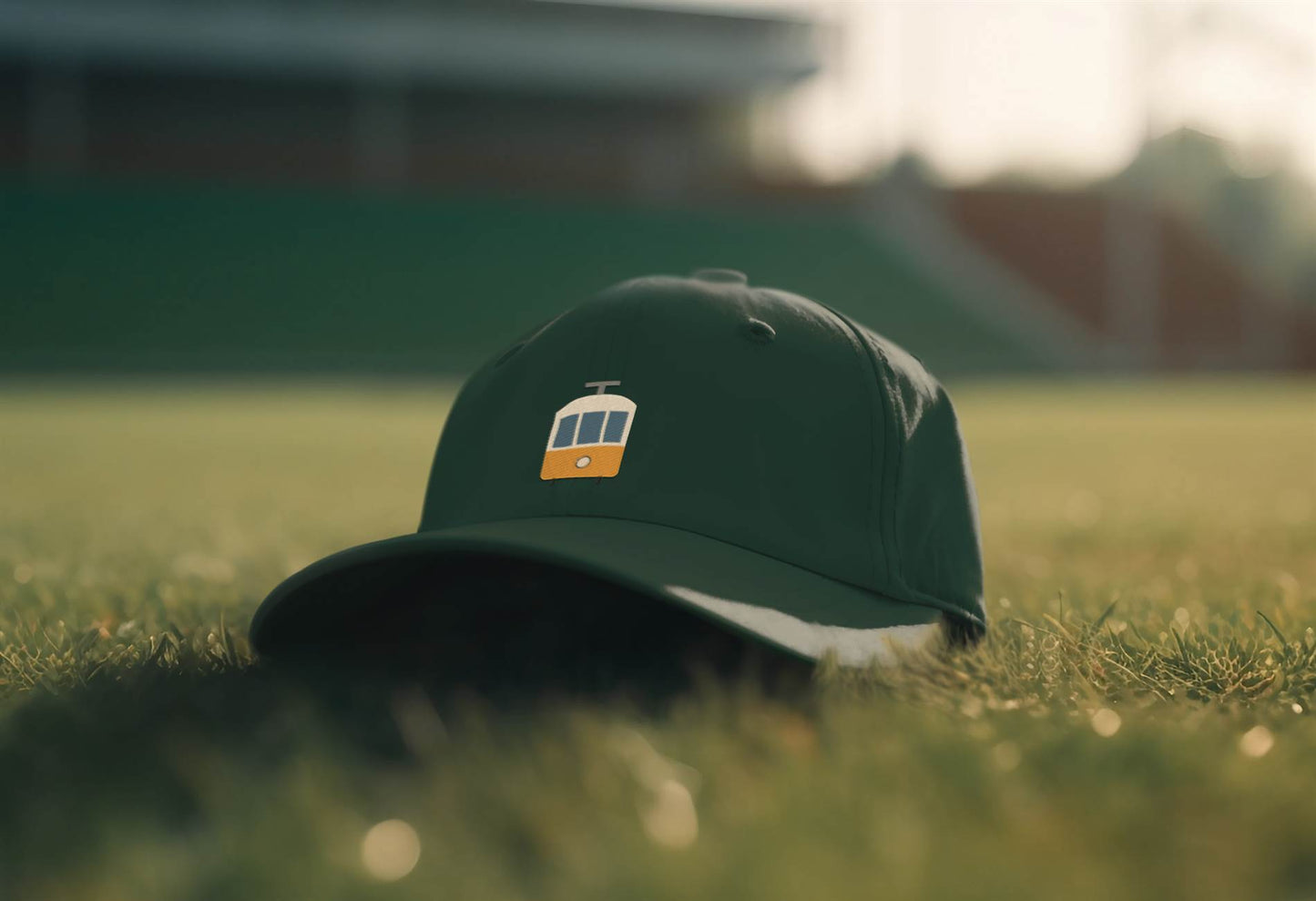 Green Lisbon Tram Cap with minimalist embroidered tram logo placed on a grassy field. A stylish unisex tribute to Lisbon's tram heritage.