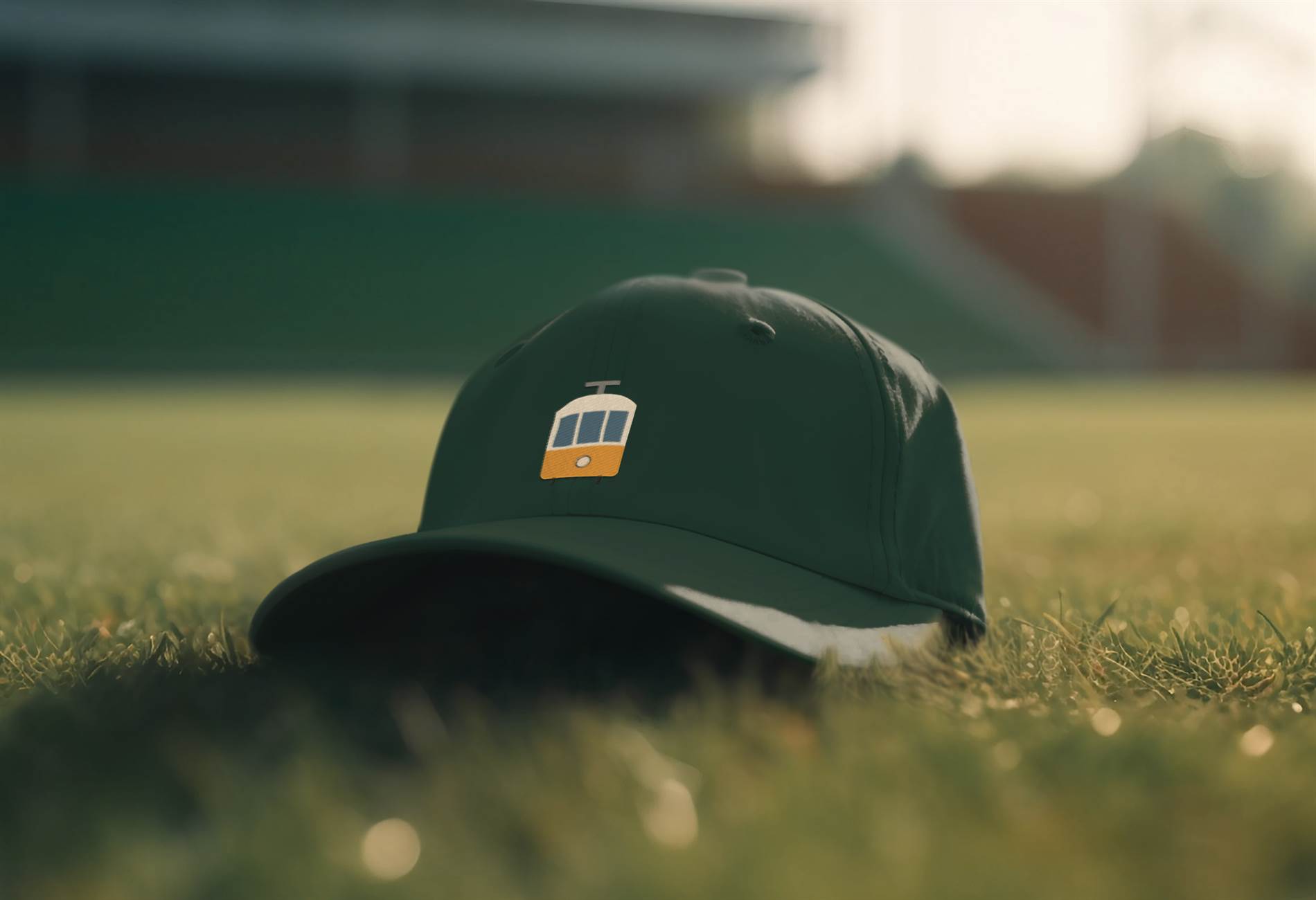 Green Lisbon Tram Cap with minimalist embroidered tram logo placed on a grassy field. A stylish unisex tribute to Lisbon's tram heritage.