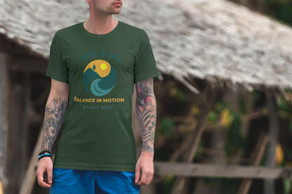 Organic green cotton T-shirt with yellow and blue Land & Sea graphic, Portugal inspired style.