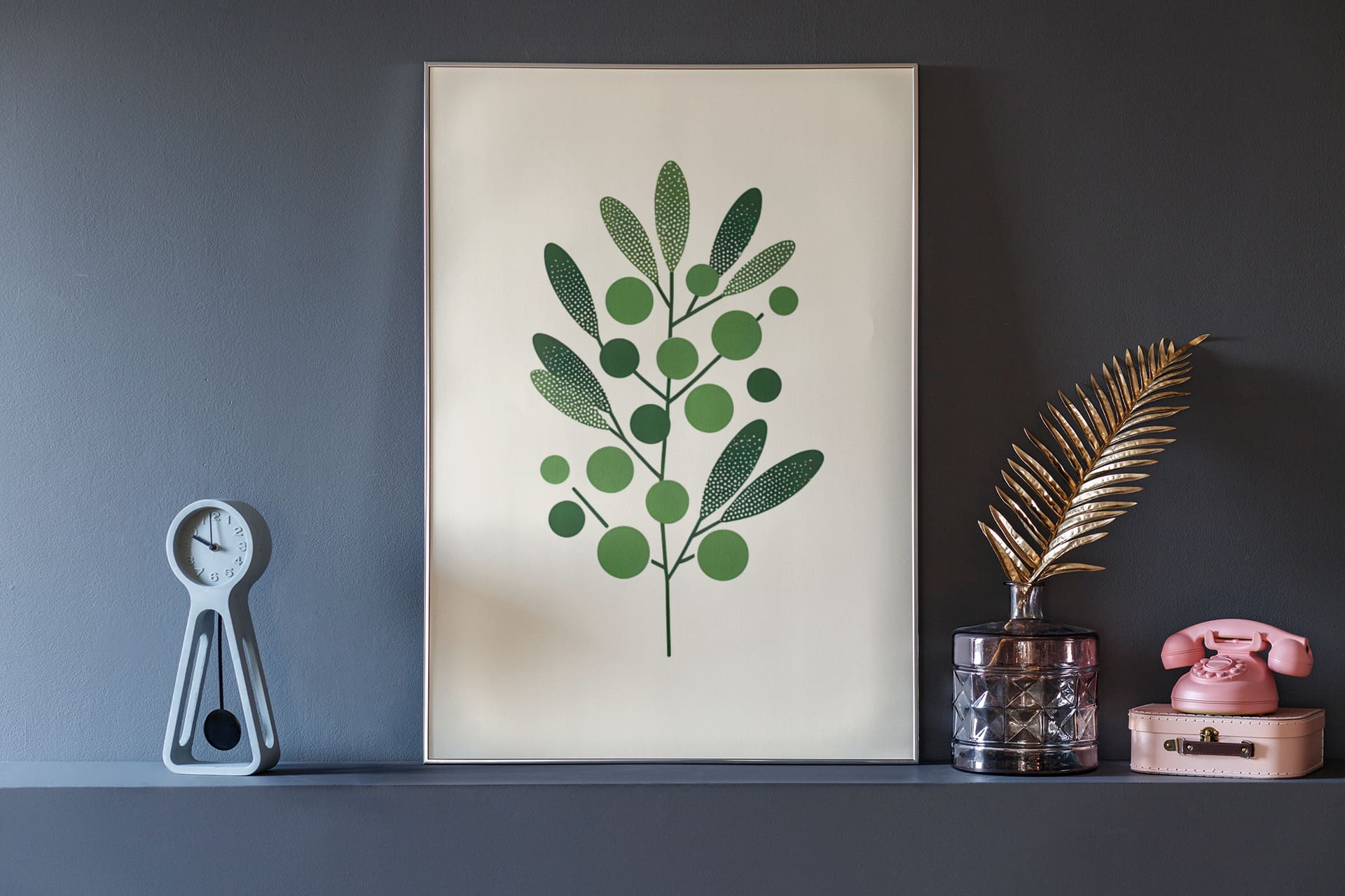 Large Olive Branch Minimalist Poster leaning against a dark wall, styled with modern decor elements. A sophisticated botanical print for any space.