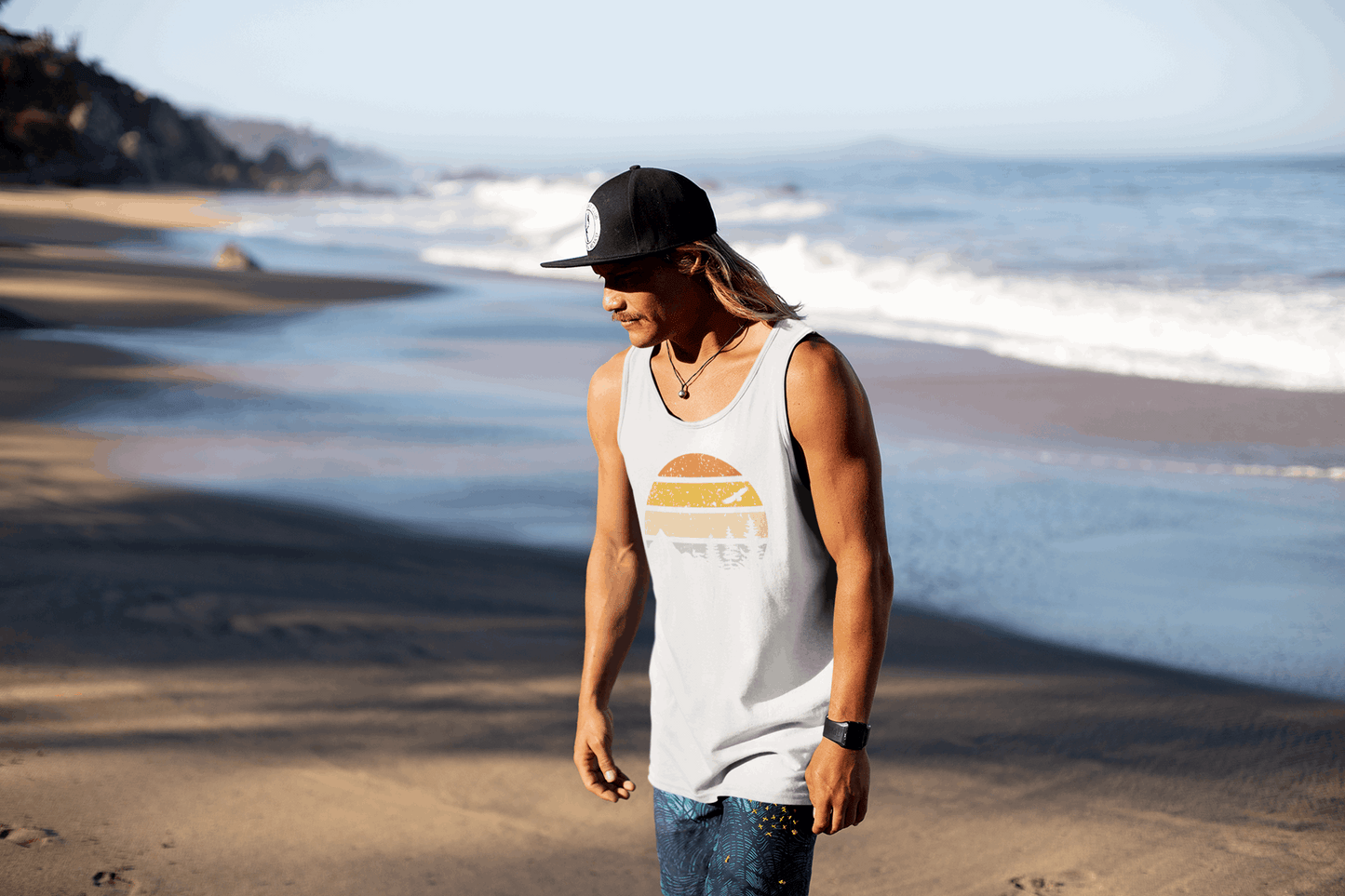 Unisex white Madeira Vintage Tank Top with a retro sunset print. Organic cotton fabric ensures comfort for hiking, surfing, and casual wear.