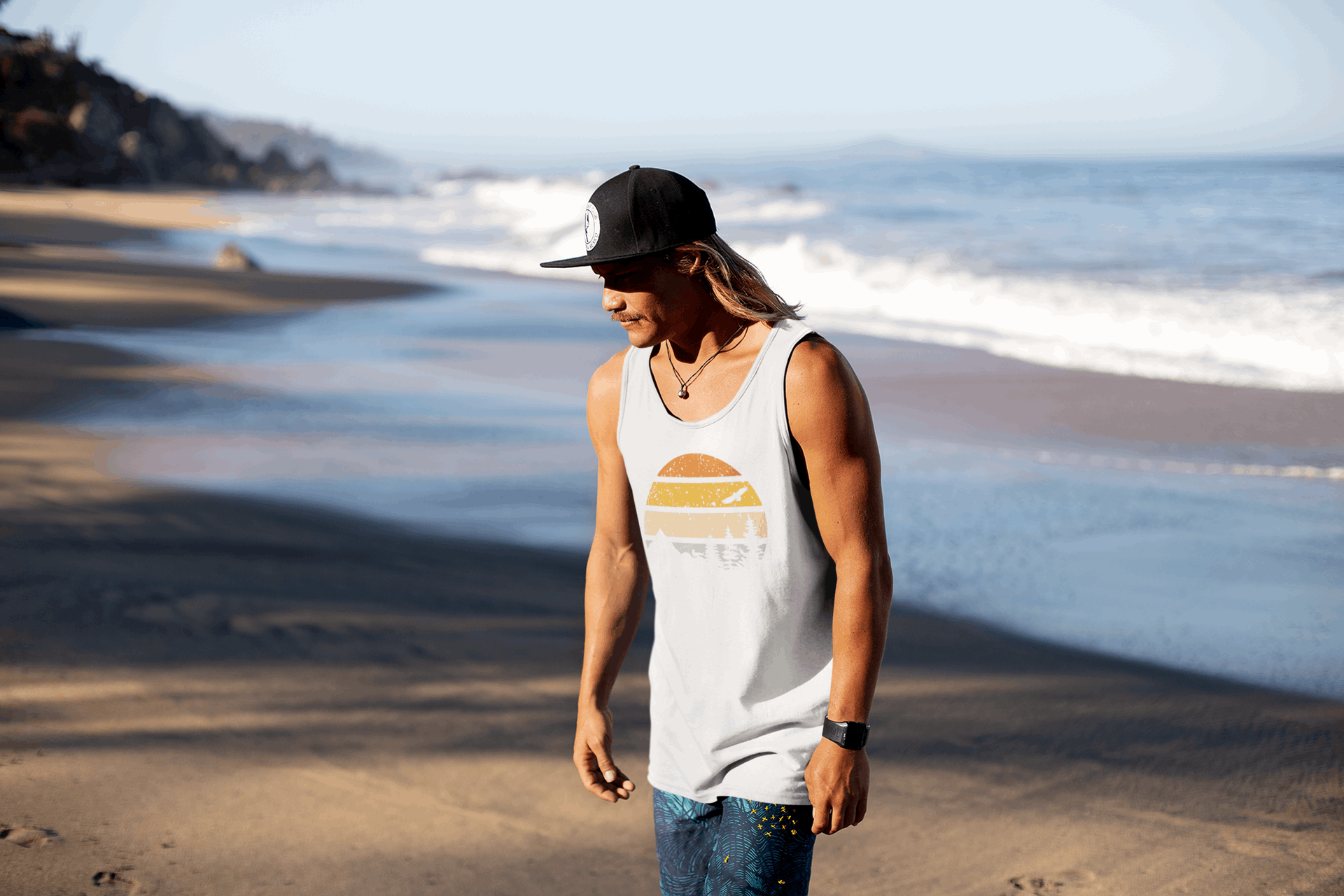 Unisex white Madeira Vintage Tank Top with a retro sunset print. Organic cotton fabric ensures comfort for hiking, surfing, and casual wear.