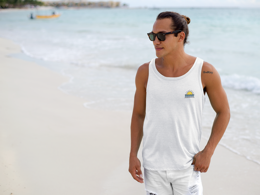 Front view of the Minimal Sunset Tank Top for Men, featuring a sleek sunset logo.