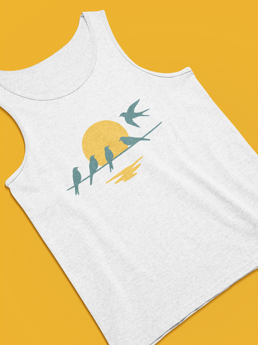 Unisex tank top with Andorinha flying over sunset.
