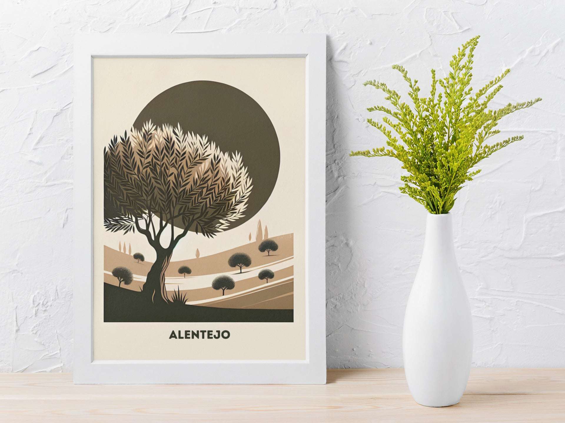 Alentejo Cork Tree Printed Poster in a white frame on a tabletop. A stylish artwork ideal for nature-inspired and Portuguese-themed decor.