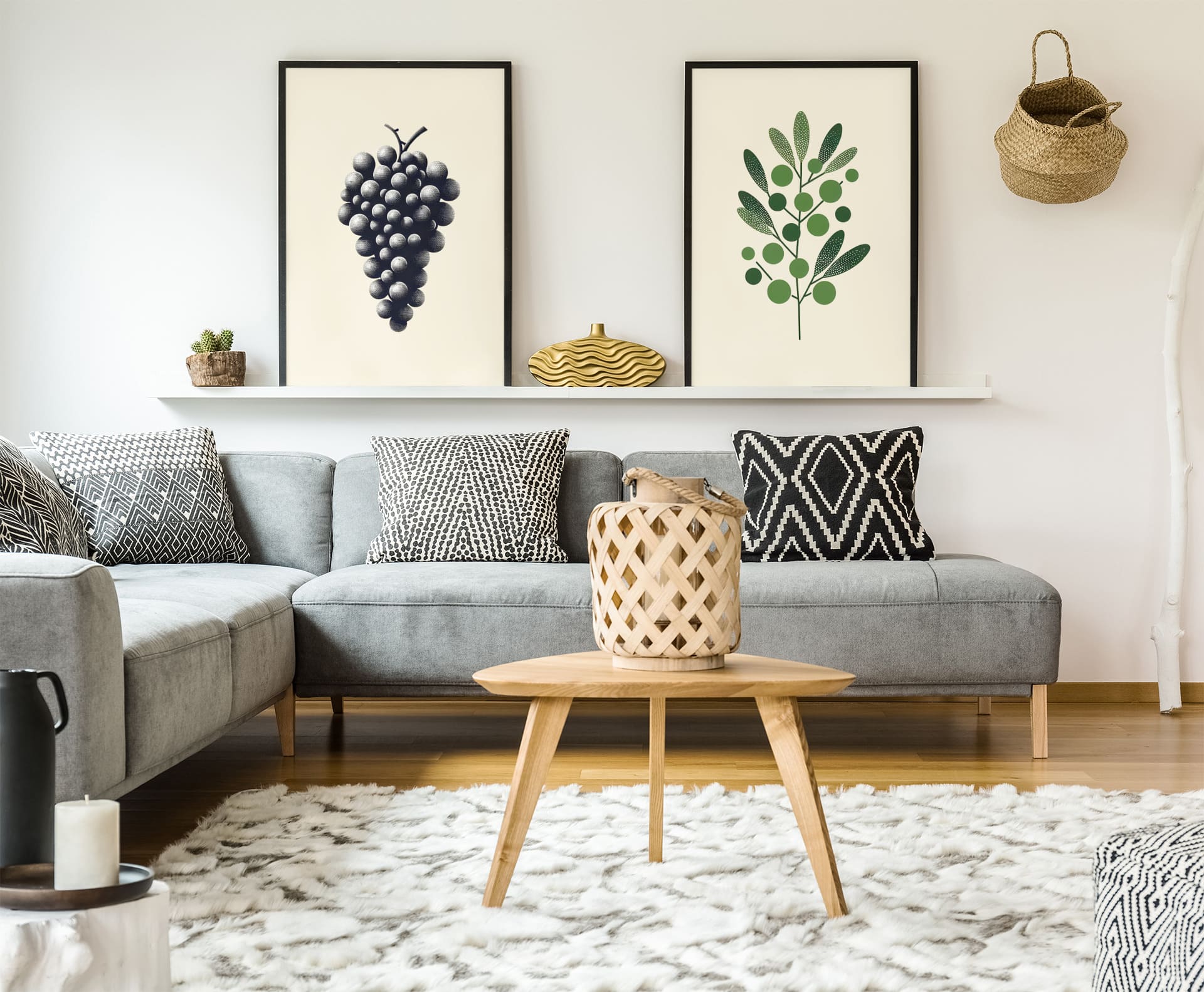 Olive Branch Minimalist Poster paired with a grape illustration in a modern living room. A perfect botanical art set for stylish home decor.