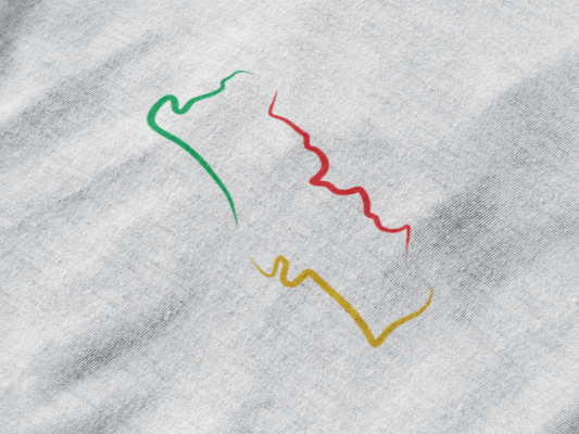Close-up of Portugal T-Shirt featuring a minimalist embroidered map design in green, red, and yellow on organic cotton fabric.