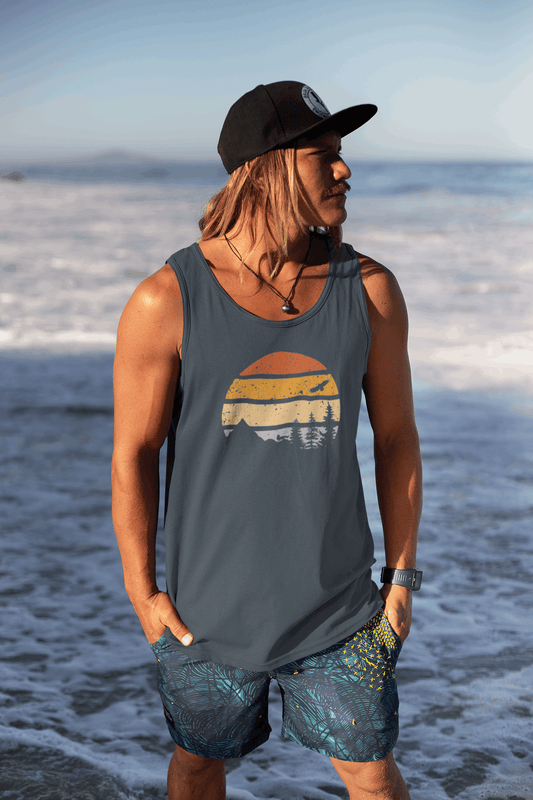 Unisex Madeira Vintage Tank Top in organic cotton, featuring a retro sunset and mountain design. Perfect for beach outings and hiking adventures.