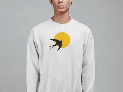 White unisex organic sweater featuring a minimal Andorinha swallow logo with a yellow sun, made from soft organic cotton for a sustainable wardrobe choice.