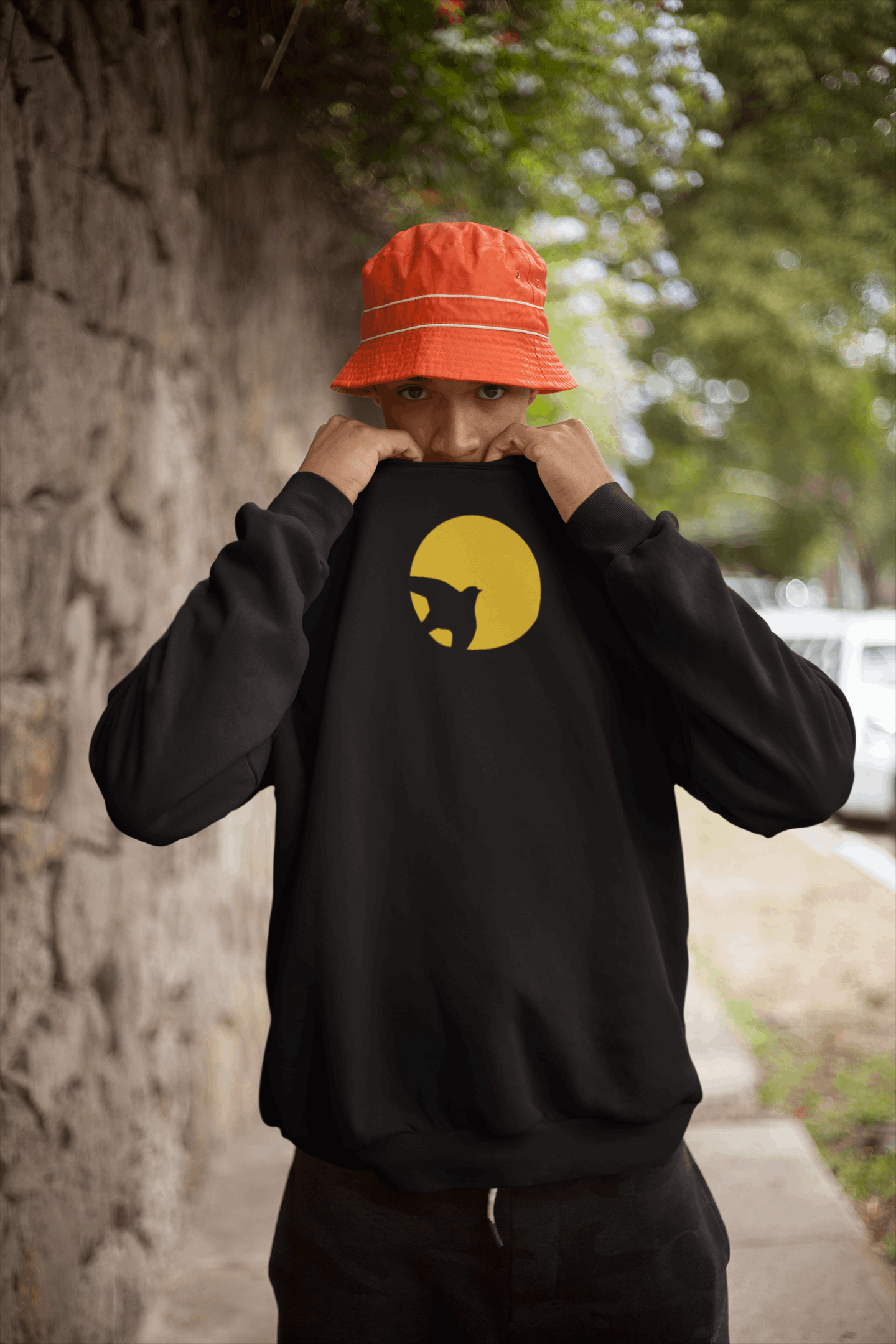 Black unisex organic sweater with a minimal cat silhouette logo against a yellow sun, crafted from organic cotton for a stylish and eco-conscious look.