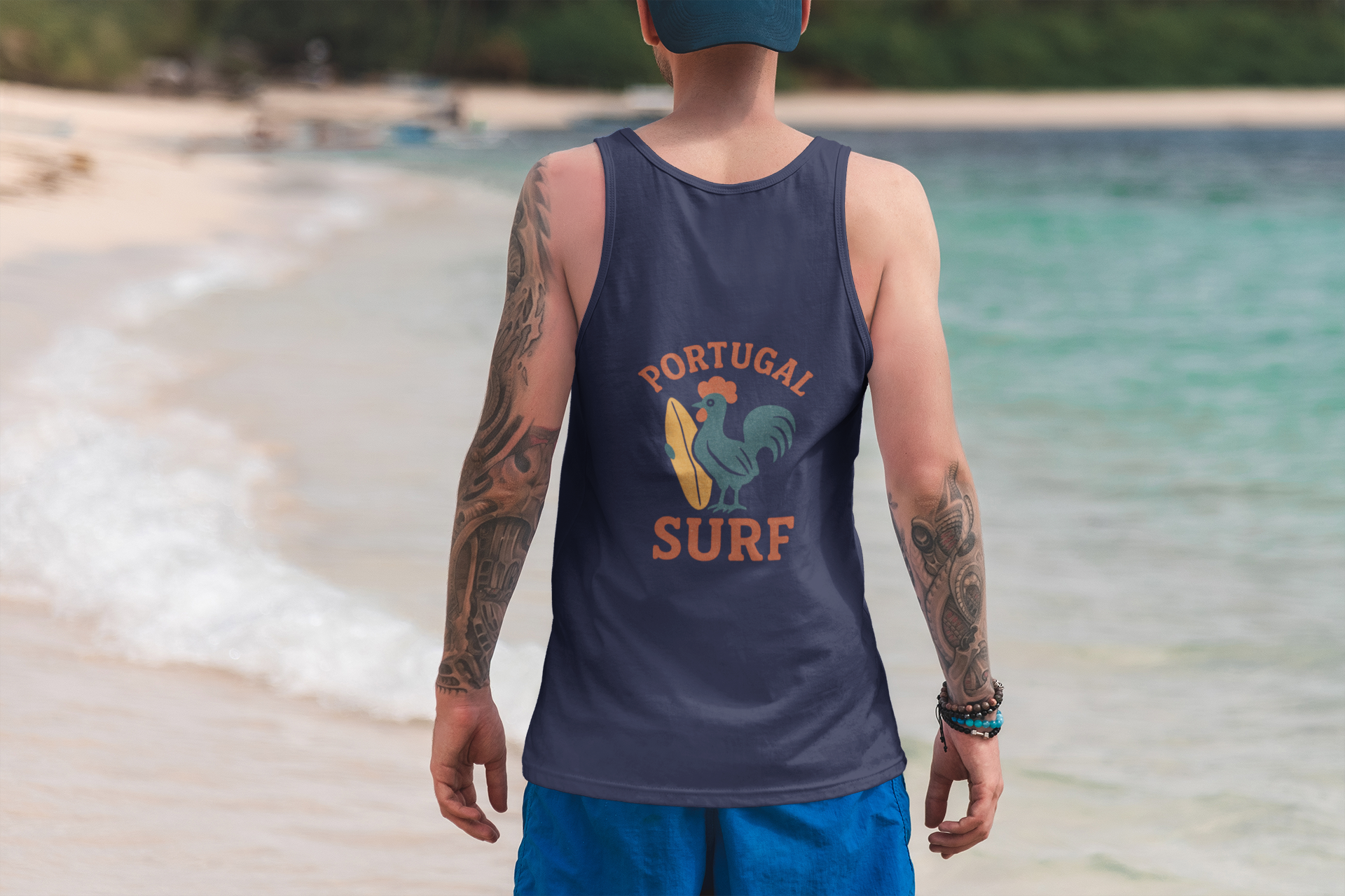 Model wearing the organic Portugal surf tank top.