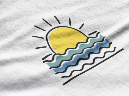 Front view of the Sunset Over the Atlantic T-Shirt, featuring a bold sunset logo.