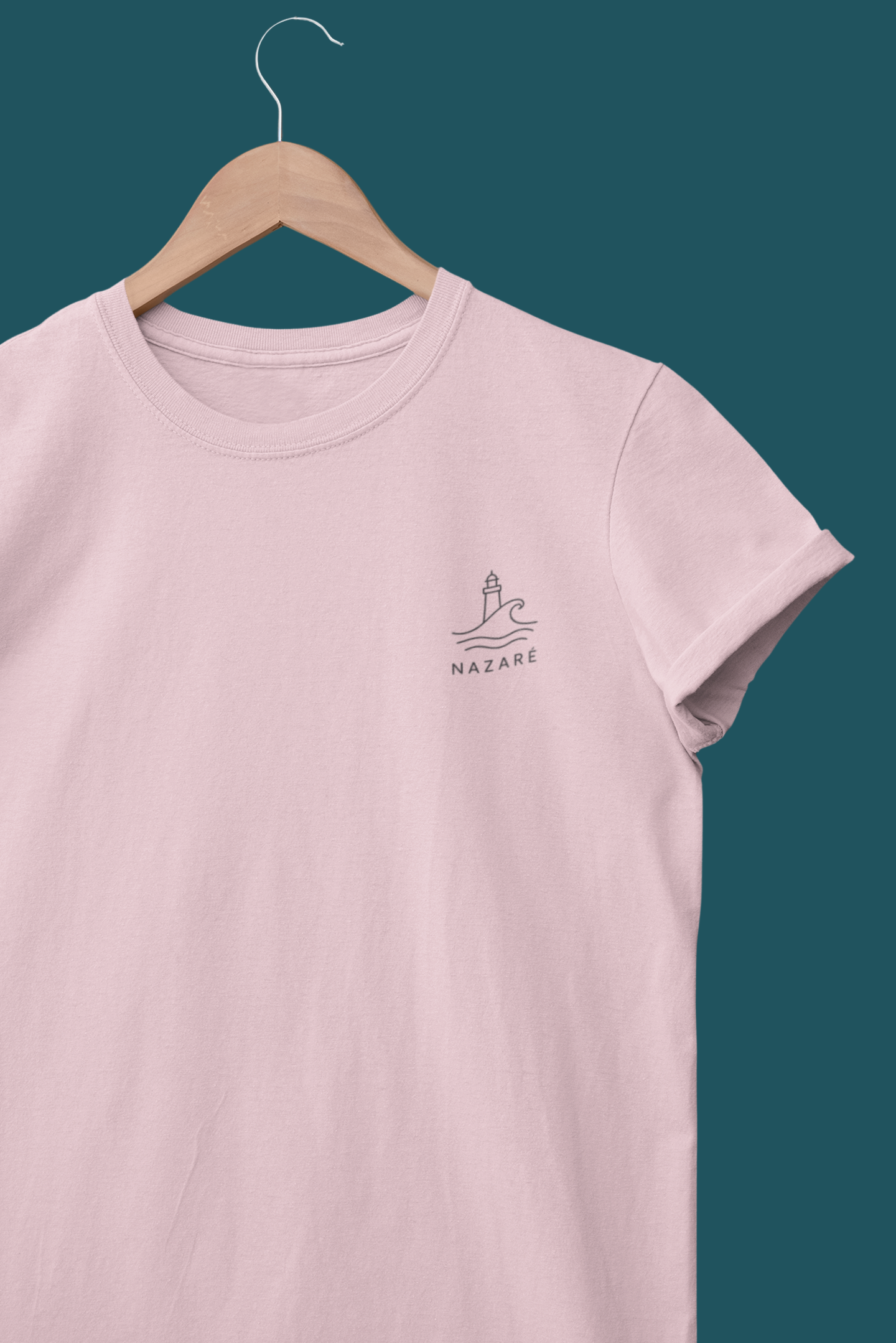 White tee featuring Nazaré Portugal surf icon.