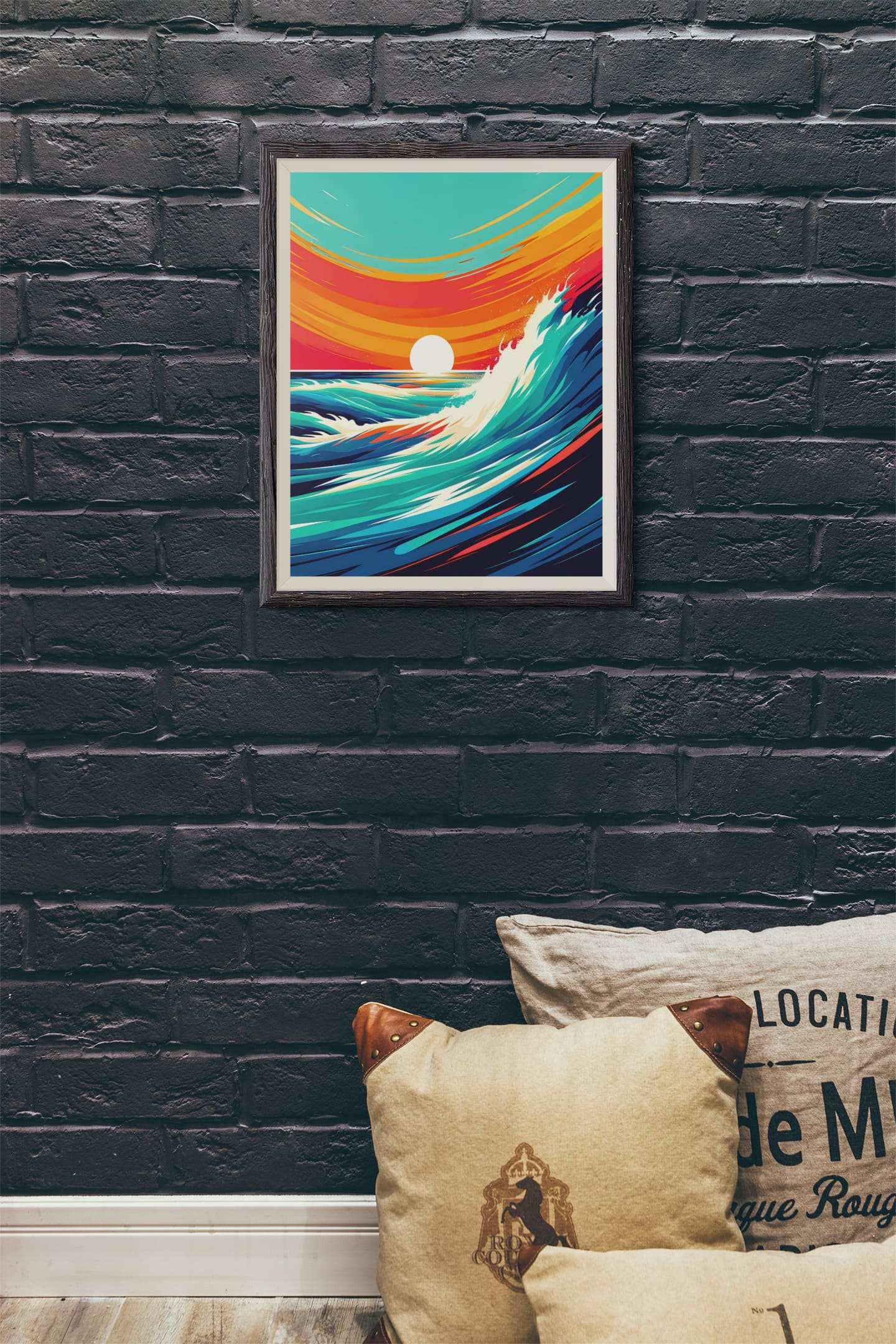 Costa Vicentina printed poster in a black frame on a dark brick wall. A bold surf decor piece for modern and industrial interiors.