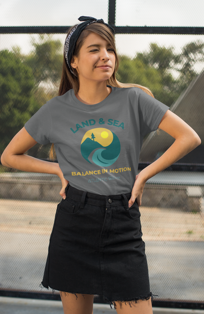 Shirt detail showing eco print and balance theme.