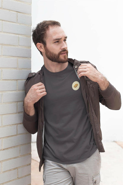 Charcoal Pastel de Nata T-Shirt worn by a man with a jacket. Organic cotton, minimalist Lisbon fashion.