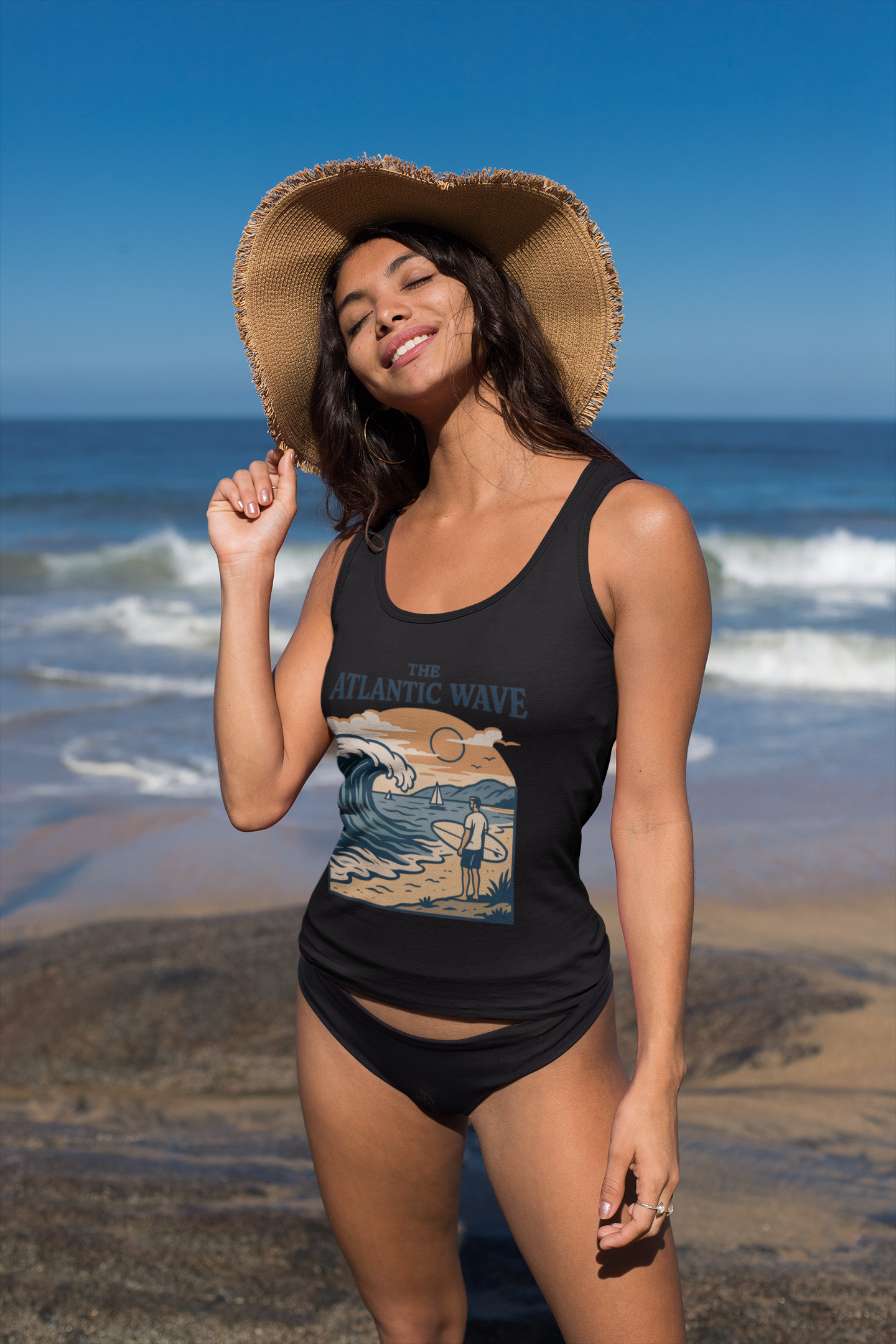 Retro surf logo tank top designed for stylish summer adventures.