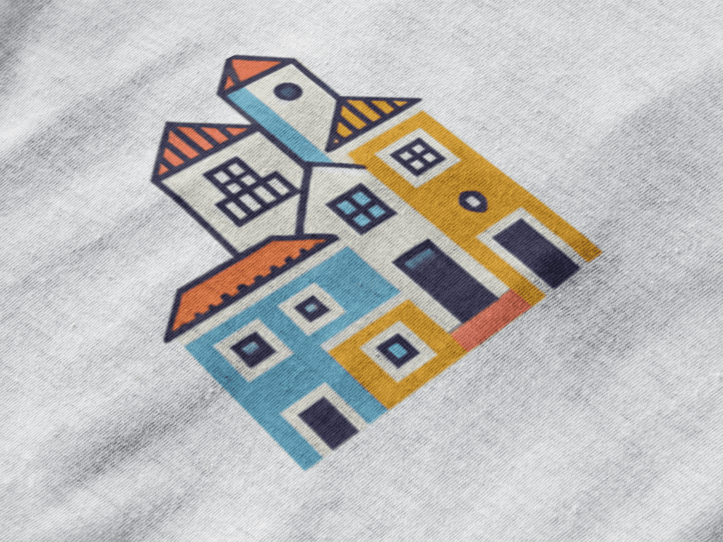 Close-up of the Minimal Alfama Houses Unisex T-Shirt design, featuring colorful Lisbon-inspired architecture on organic cotton fabric.