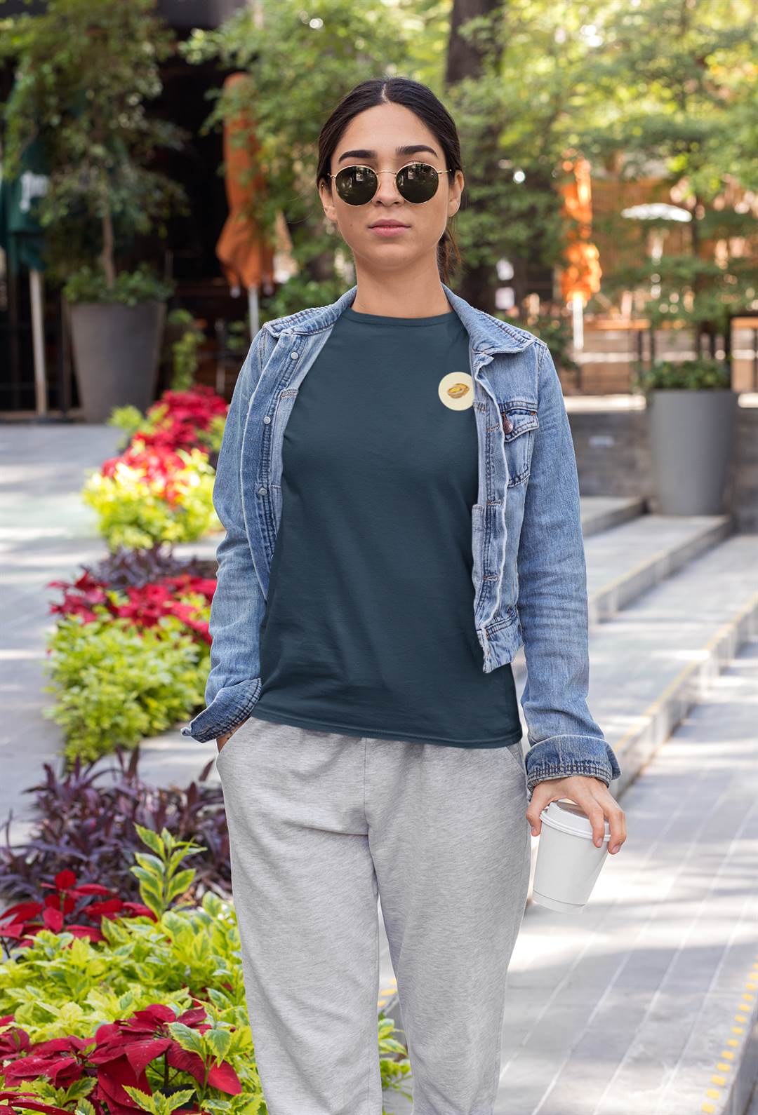 Dark green Lisbon Style T-Shirt for women with a small Pastel de Nata print. Organic cotton tee styled with a denim jacket for a chic casual look.