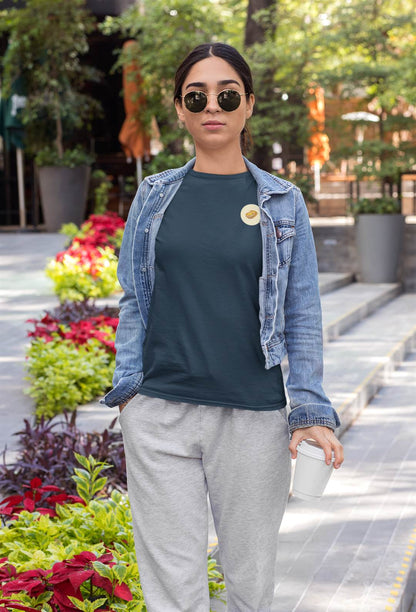 Dark green Lisbon Style T-Shirt for women with a small Pastel de Nata print. Organic cotton tee styled with a denim jacket for a chic casual look.