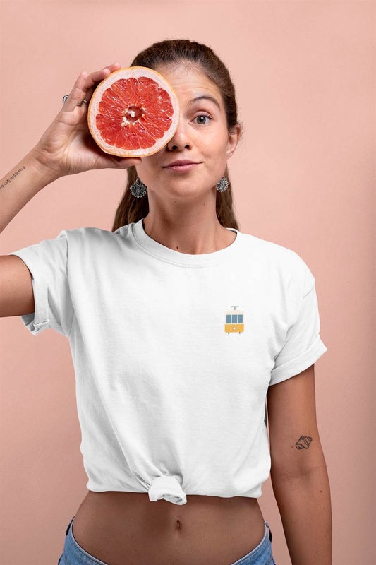 White Lisbon Electrico Tram T-Shirt with a minimalist tram print. Crafted from organic cotton for breathable and sustainable fashion.