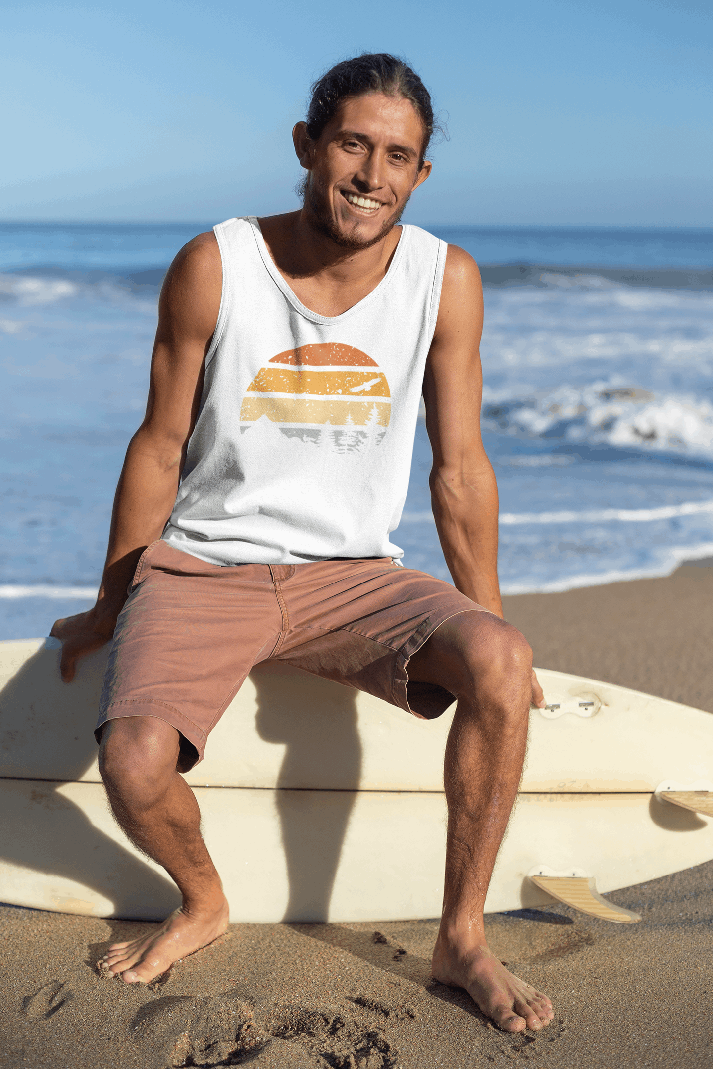 White Madeira Vintage Tank Top for men, showcasing a retro sunset and mountain print. Lightweight organic cotton, perfect for surf and beachwear.