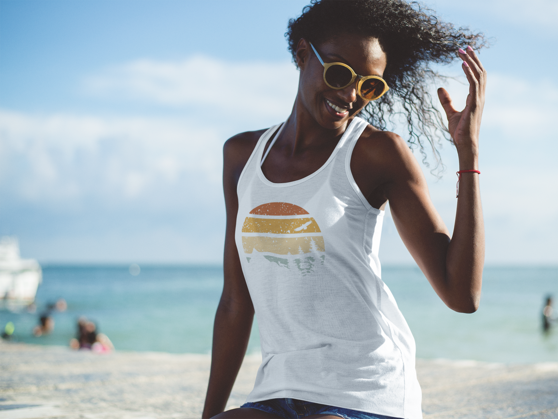 White Madeira Vintage Tank Top for women, featuring a retro sunset design. Organic cotton fabric for a breathable and stylish summer look.