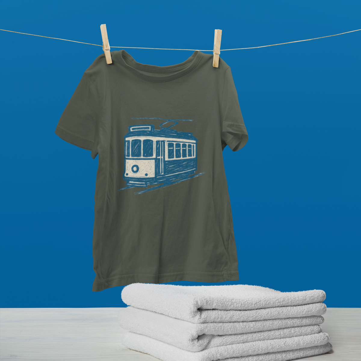 Relaxed fit unisex t-shirt with modern tram line art.