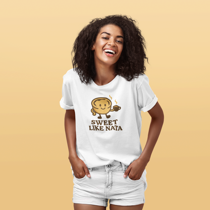 Flatlay of tee with “Sweet Like Nata” slogan.