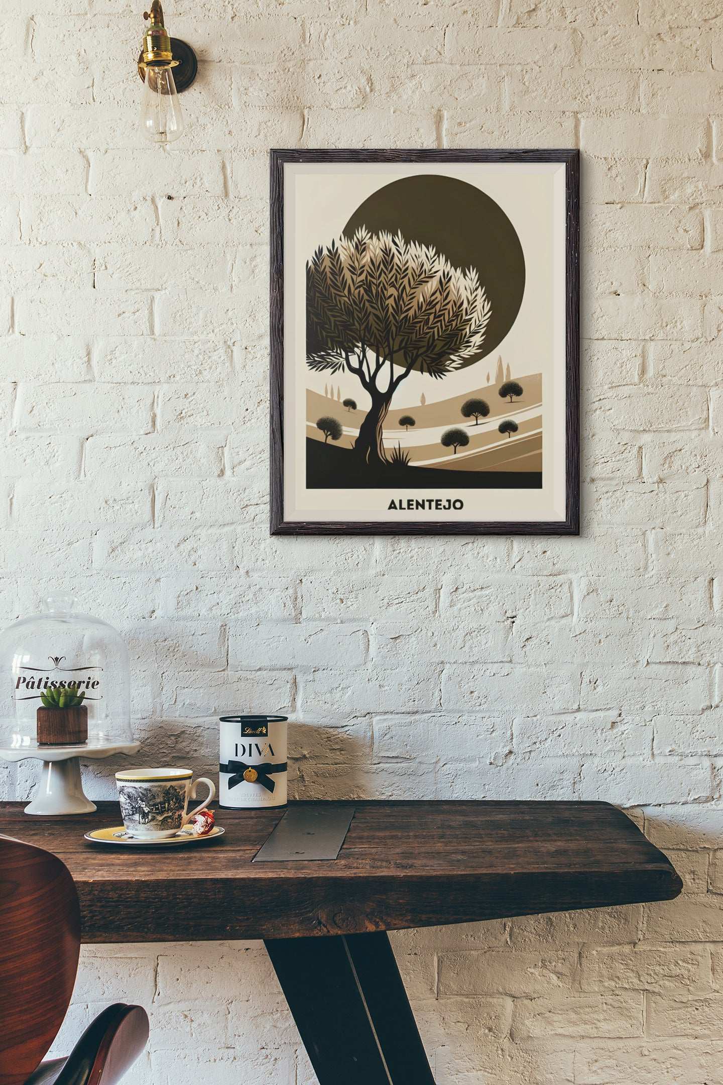 Framed Alentejo Cork Tree Printed Poster on a textured brick wall above a dining table. A warm and rustic artwork for cozy interiors.