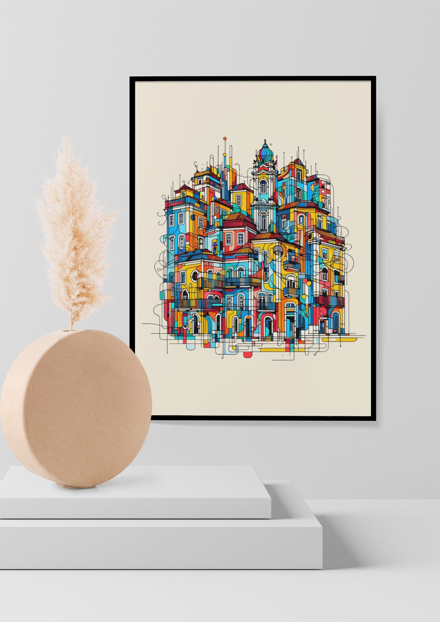Porto Traditional Houses Poster in a black frame, styled with a modern vase on a minimalist shelf, adding artistic flair to the decor.