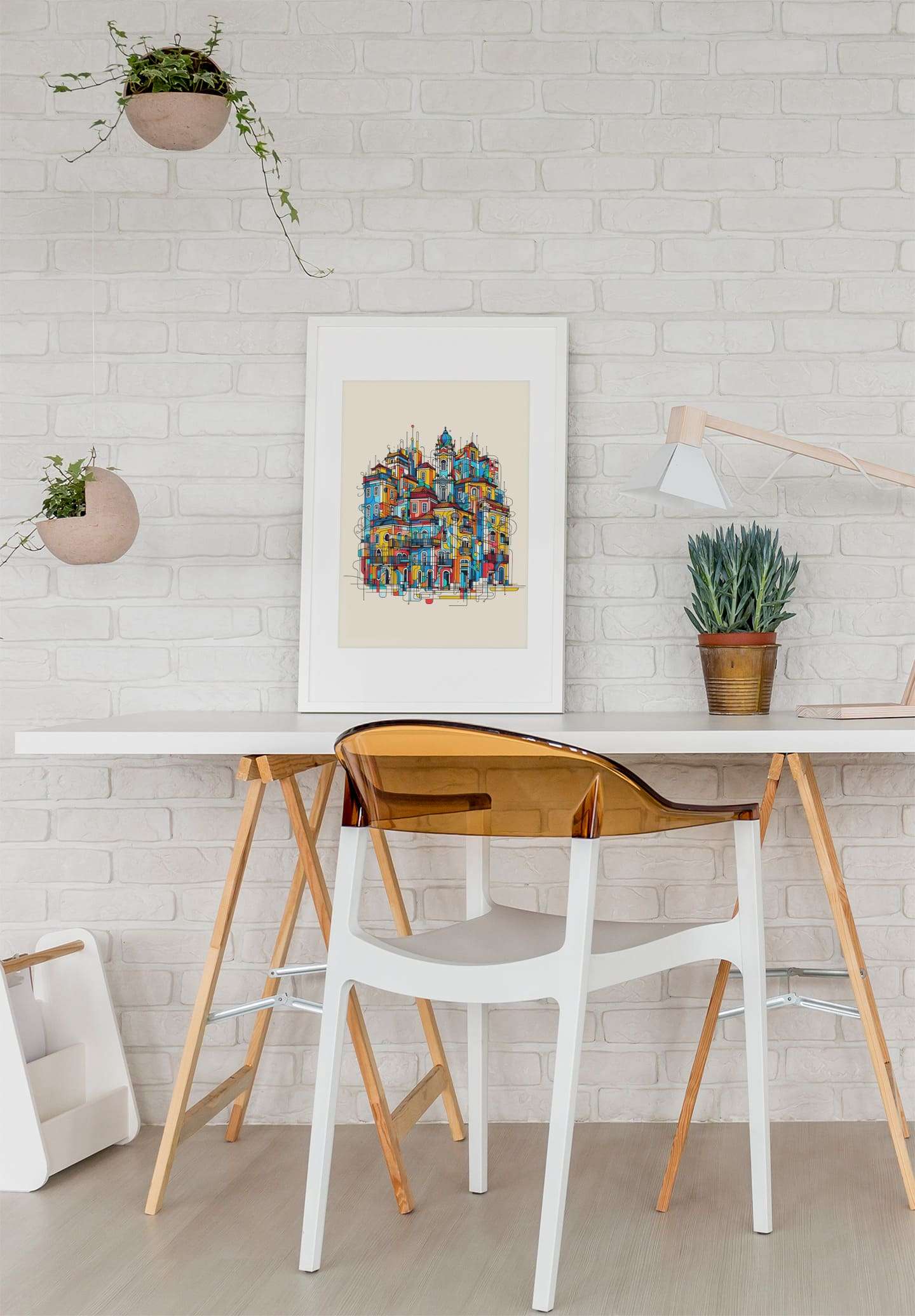 Porto Traditional Houses Poster leaning against a white brick wall on a stylish desk, enhancing the workspace with vibrant urban charm.