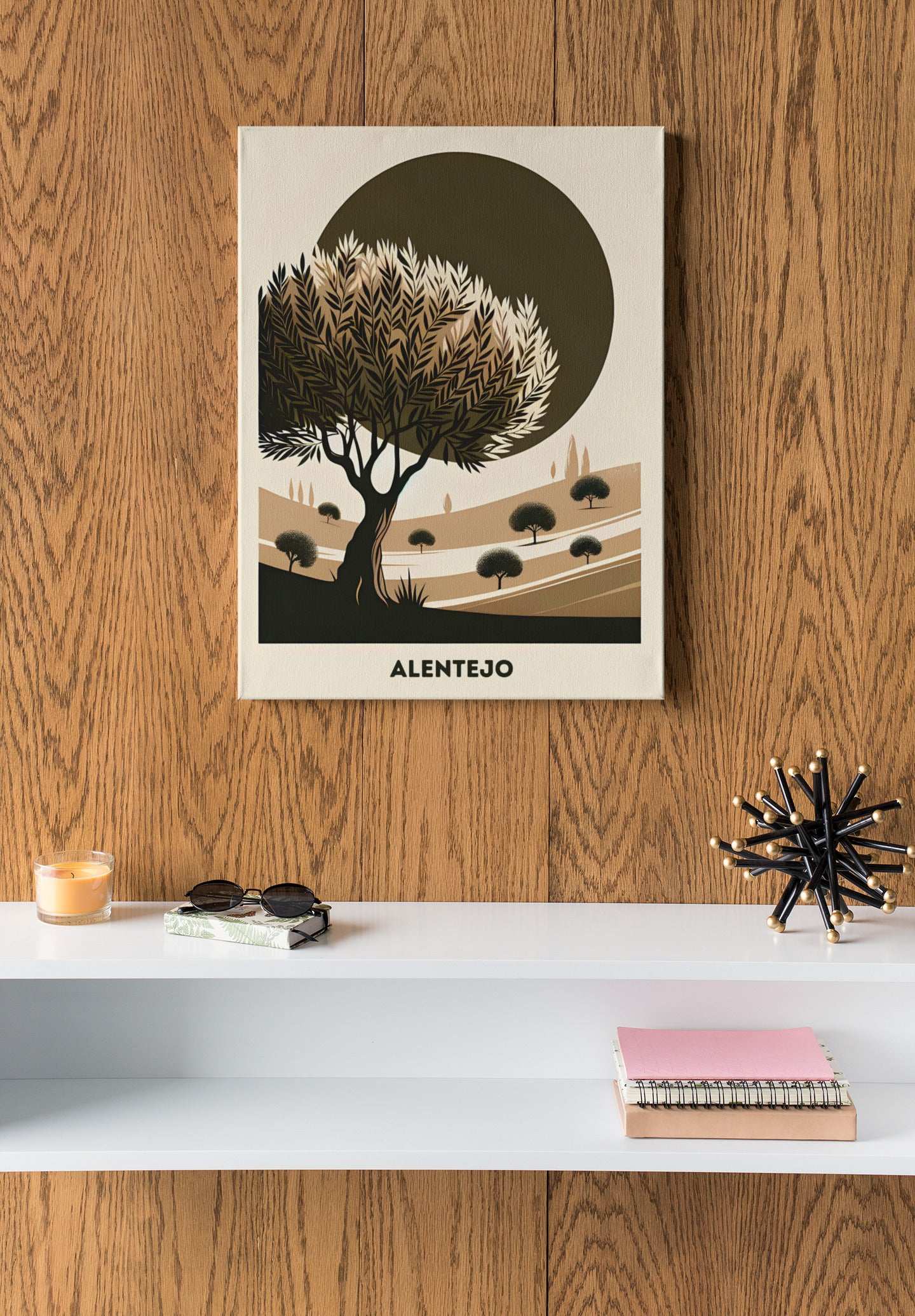 Canvas-style Alentejo Cork Tree Printed Poster mounted on a wooden wall. A rustic and elegant decor piece for home or office spaces.
