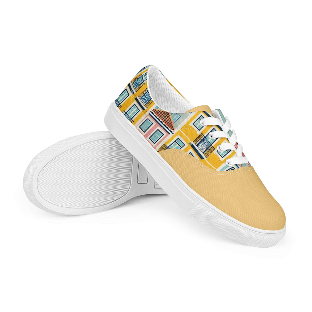 A close-up of Lisbon's Alfama Sneakers with a durable white sole and vibrant Lisbon yellow pattern. Stylish and comfortable for everyday wear.