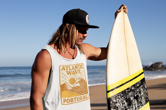 Organic surf shirt with retro Atlantic Wave sunset logo.