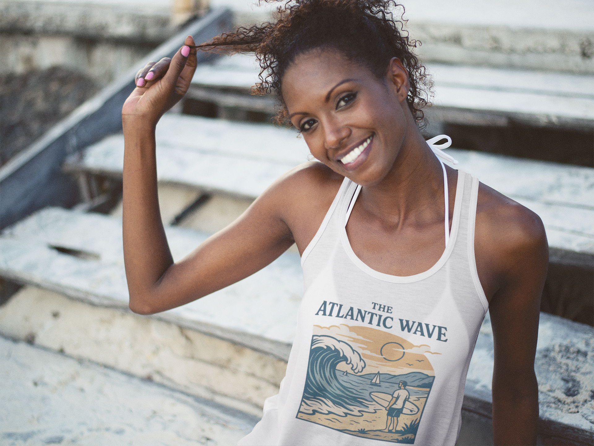 Front view of women’s tank top featuring a minimalist surfboard design.