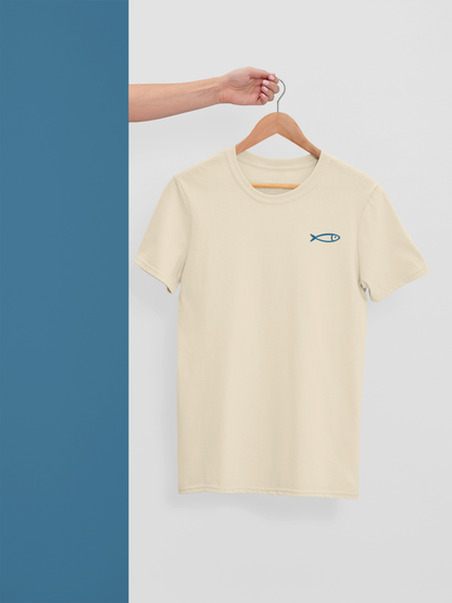 Cream organic cotton crew neck t-shirt with minimalist blue sardine graphic, eco-friendly gift from Portugal.