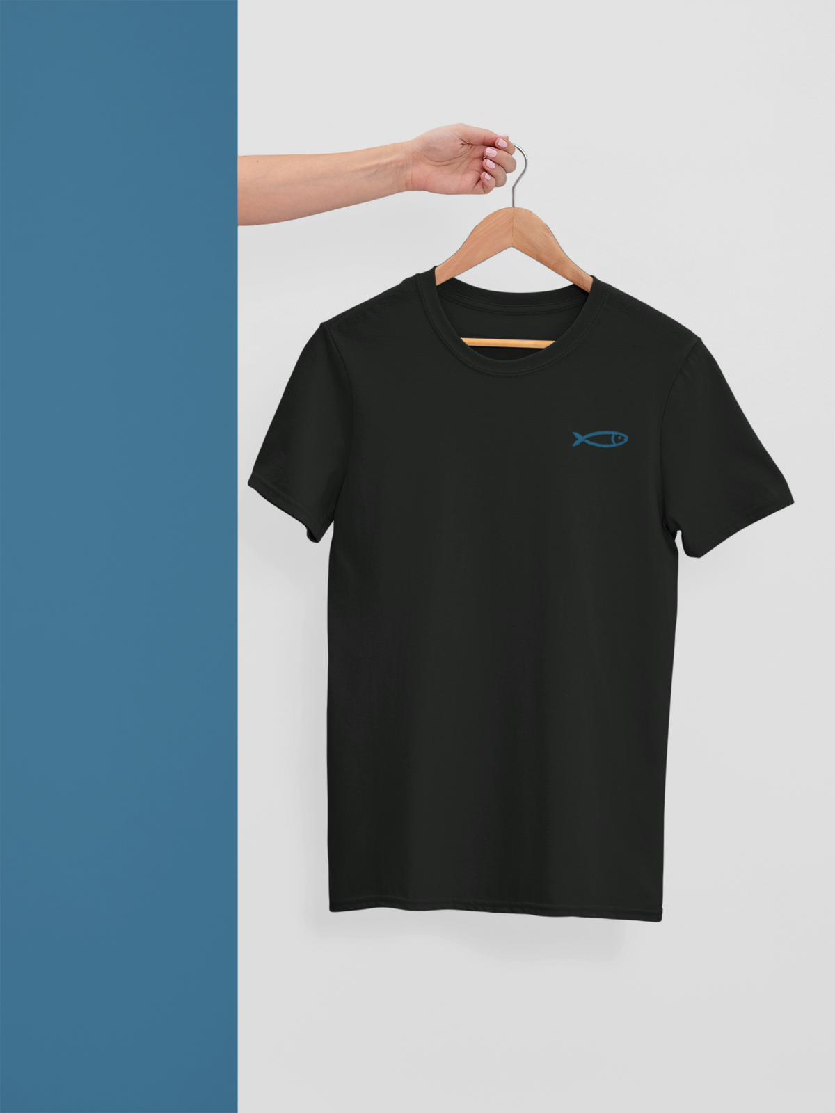 Black organic cotton crew neck T-shirt with small blue sardine graphic, minimal Portugal design.